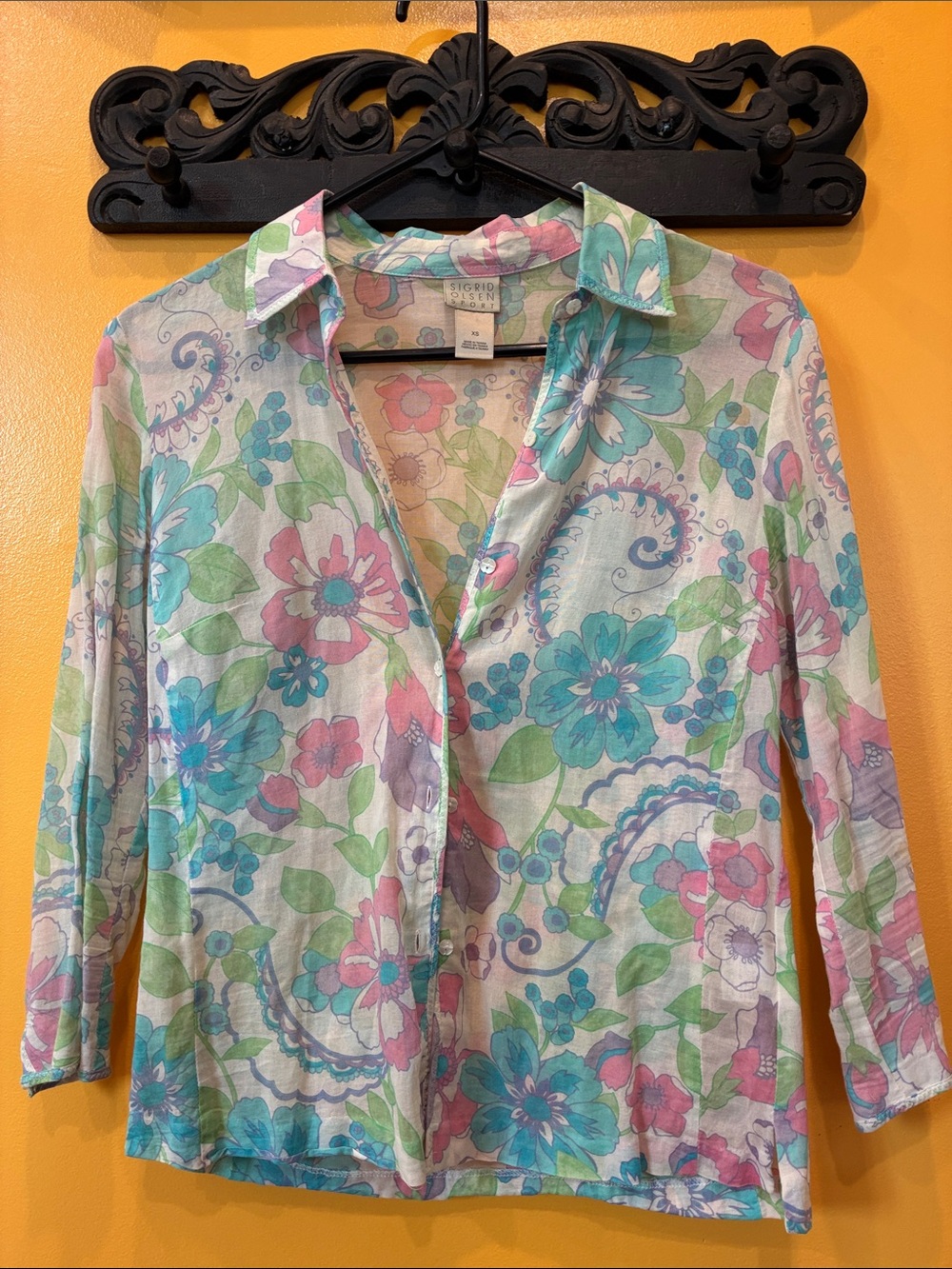 Sigrid Olsen Pastel Floral Button-Front Shirt in Pink, Blue, Green